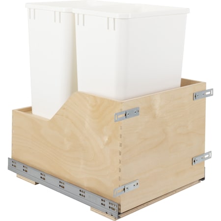 Hardware Resources Dbl 50 Quart Wood Bottom-Mount Soft-Close Trashcan Rollout For Door Mounting, Includes 2 White Cans CDM-WBMD5018WH